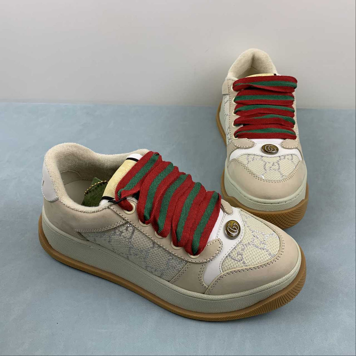 Gucci Cream Monogram Low-Top Sneakers with Red & Green Laces