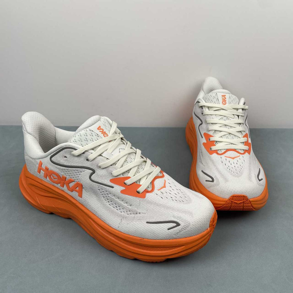 HOKA ONE ONE Clifton   White & Orange Lace-Up Sneakers