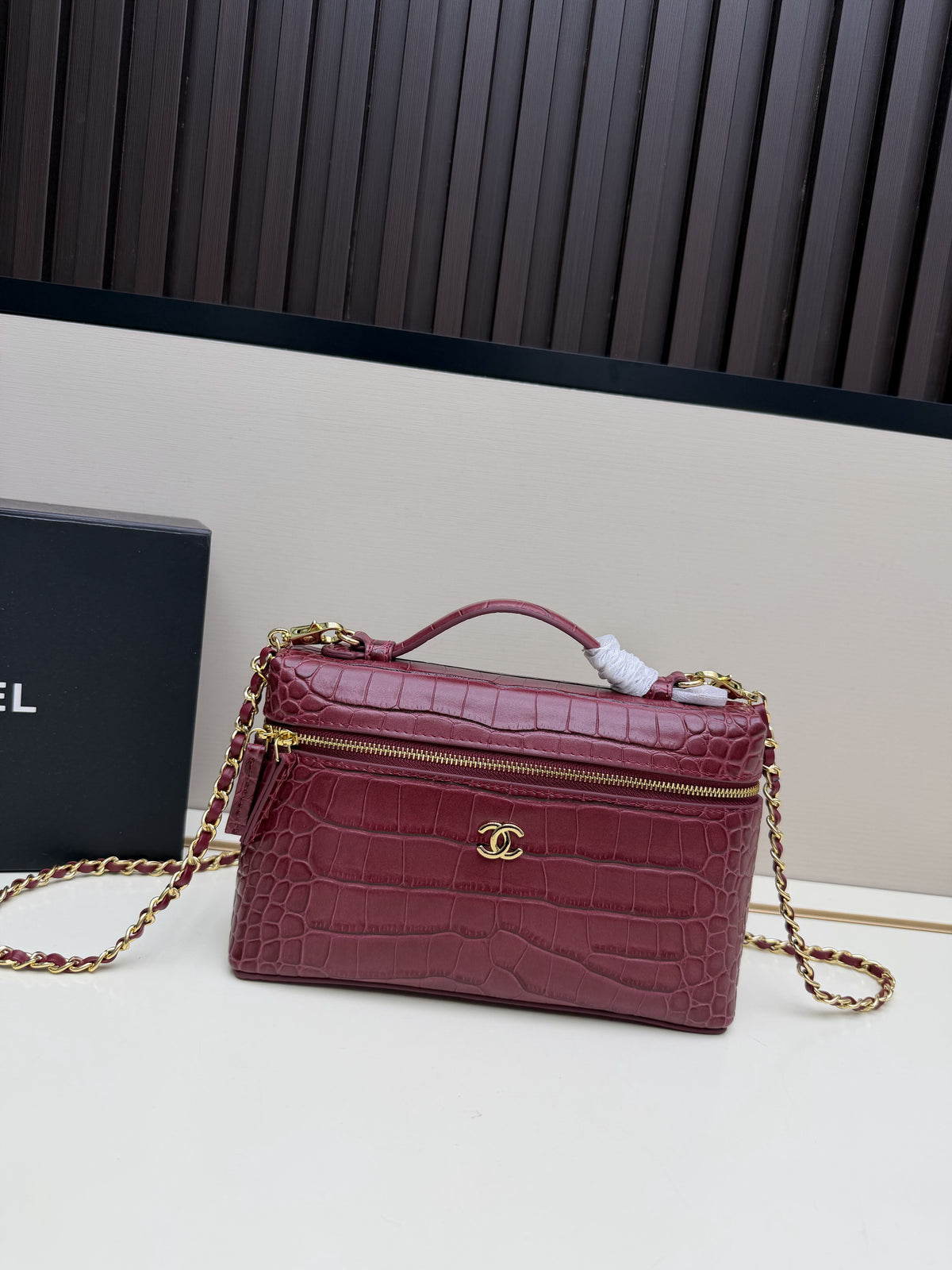 Chanel Burgundy Crocodile-Embossed Top-Handle Chain Bag