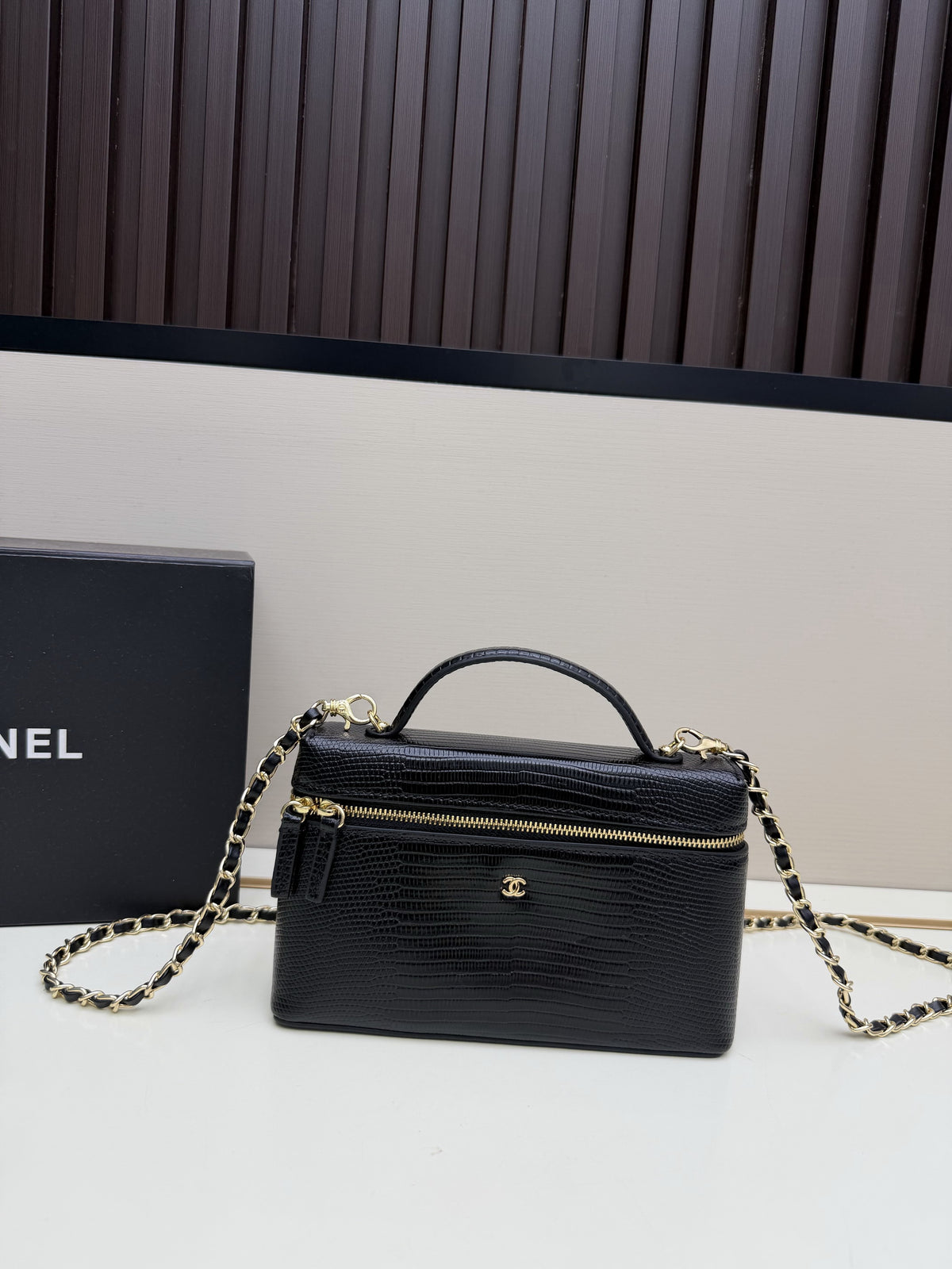 Chanel Black Textured Top-Handle Chain Bag