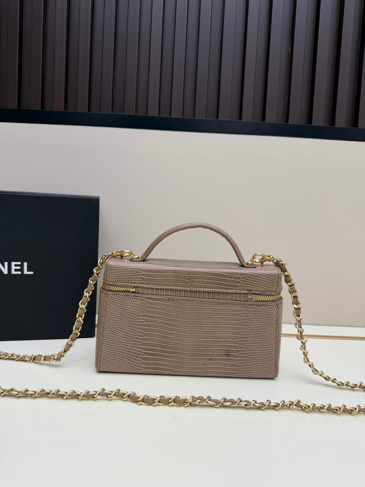 Chanel Grey Crocodile-Embossed Top-Handle Chain Bag