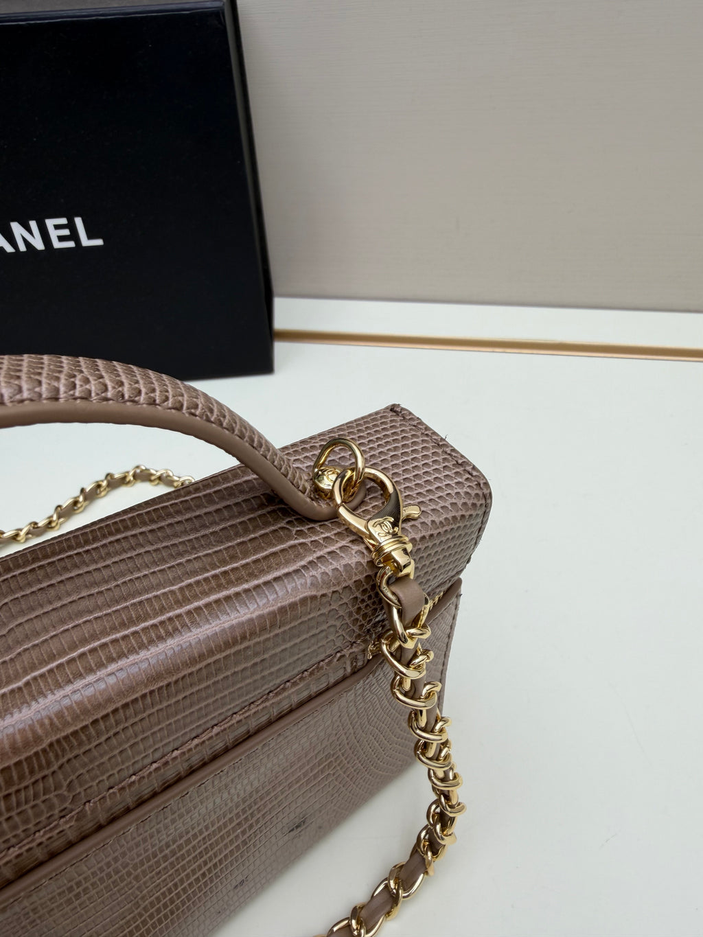 Chanel Grey Crocodile-Embossed Top-Handle Chain Bag