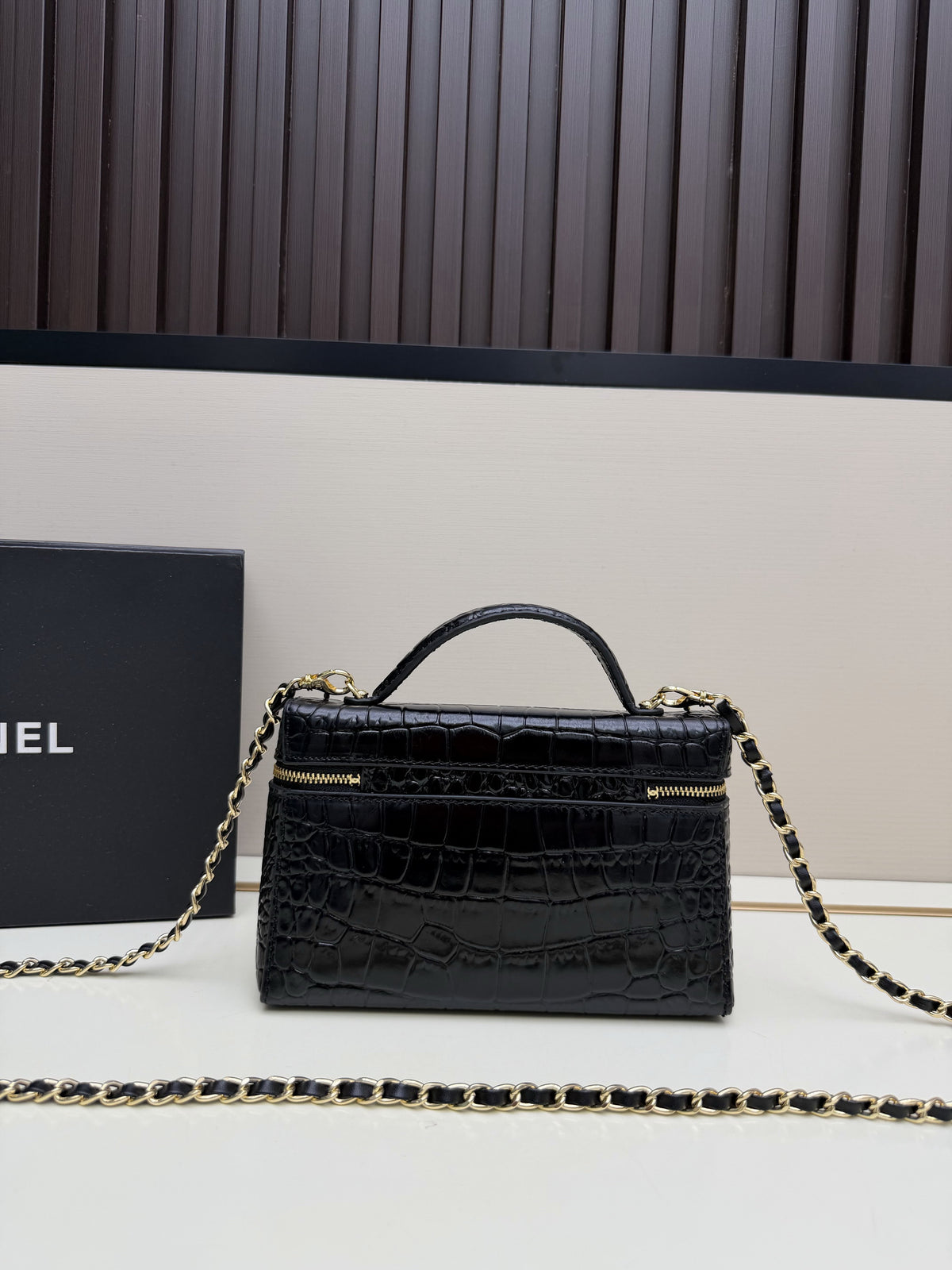 Chanel Black Croc-Embossed Top-Handle Chain Bag