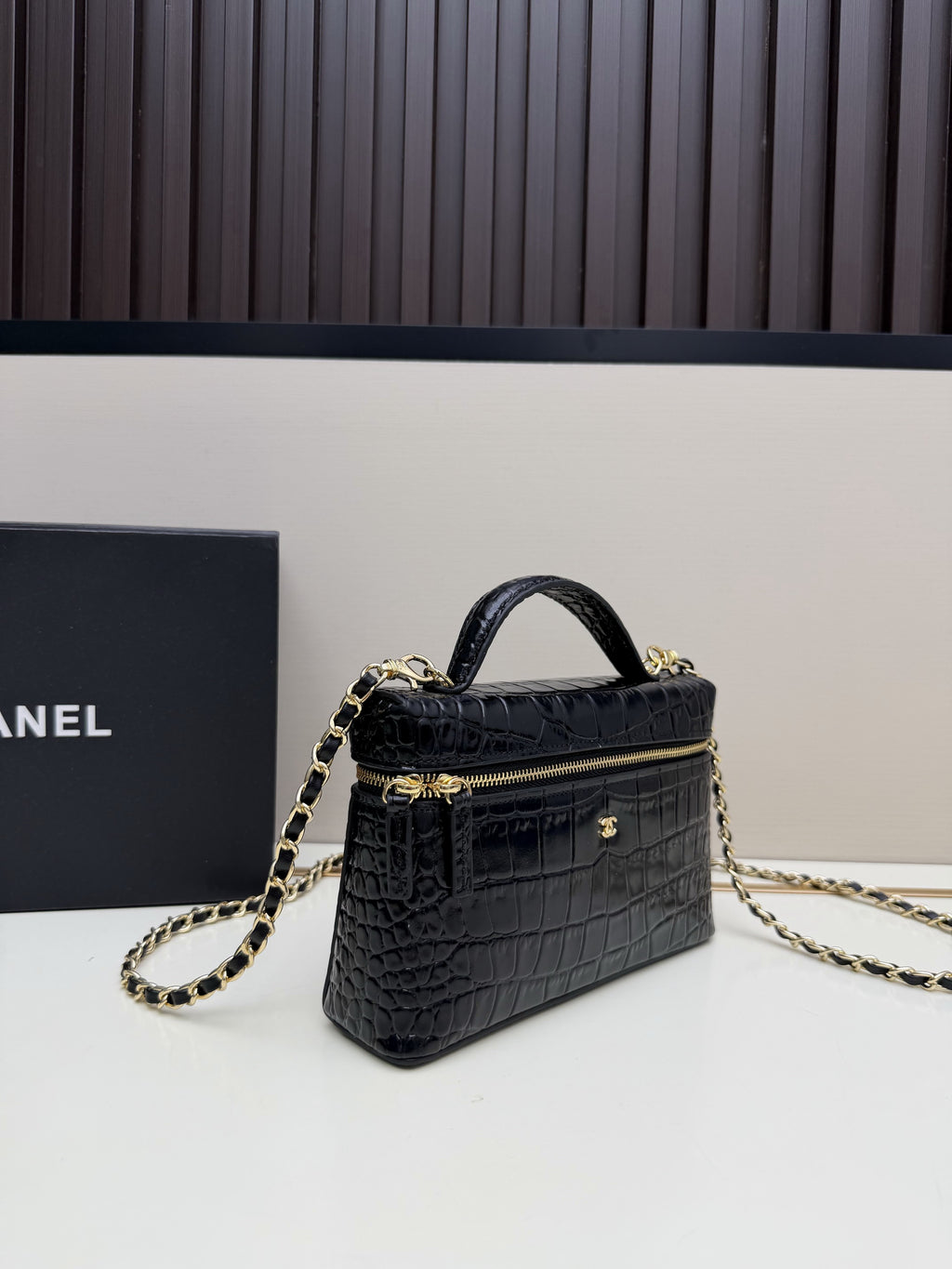 Chanel Black Croc-Embossed Top-Handle Chain Bag