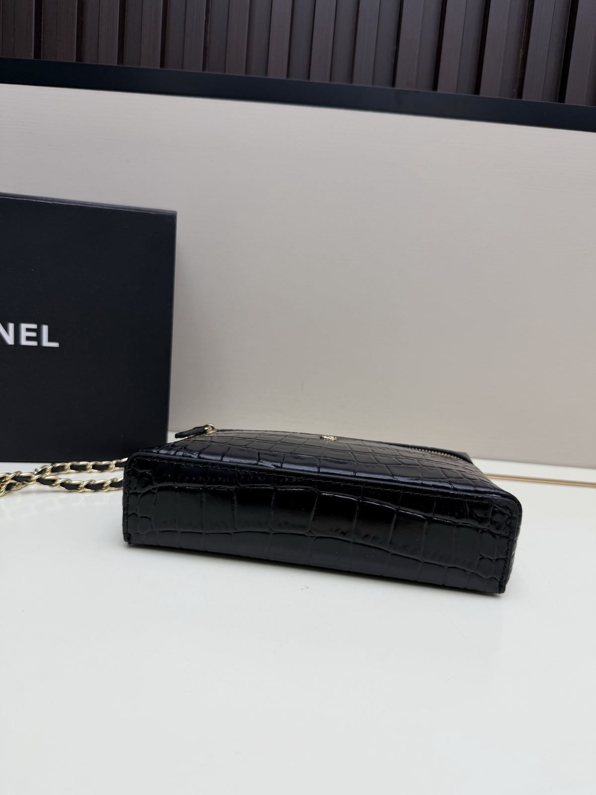 Chanel Black Croc-Embossed Top-Handle Chain Bag