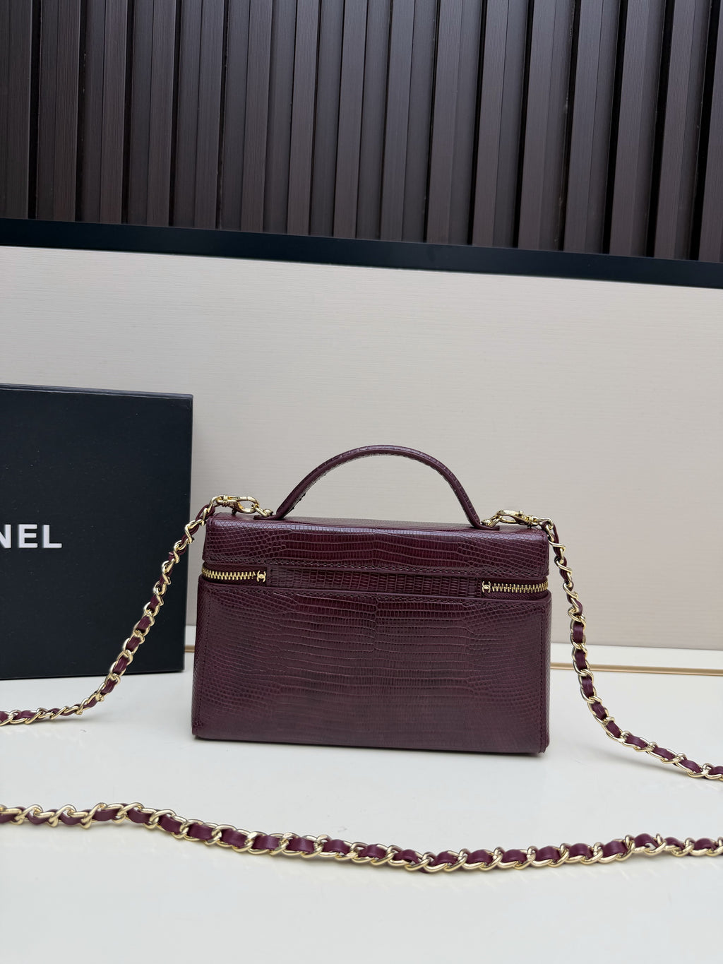 Chanel Burgundy Crocodile-Embossed Top-Handle Chain Bag