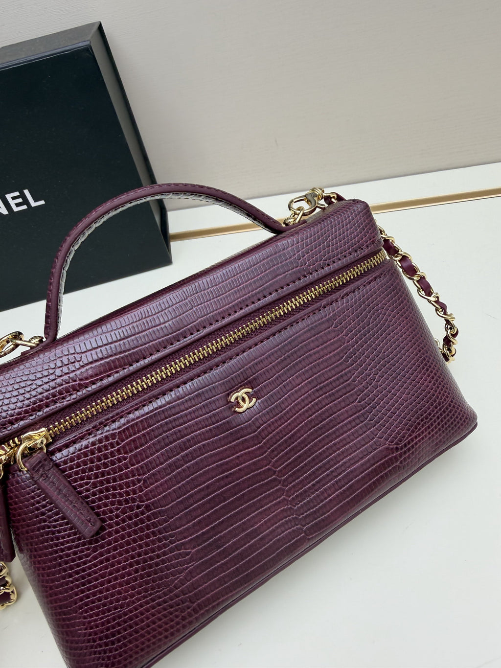 Chanel Burgundy Crocodile-Embossed Top-Handle Chain Bag