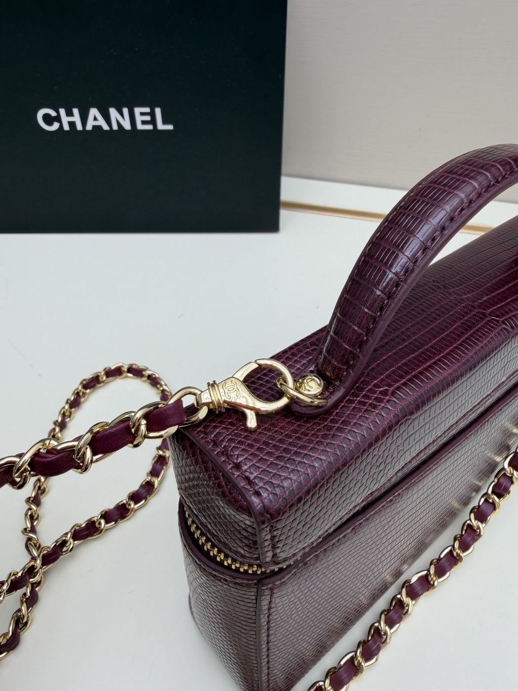 Chanel Burgundy Crocodile-Embossed Top-Handle Chain Bag
