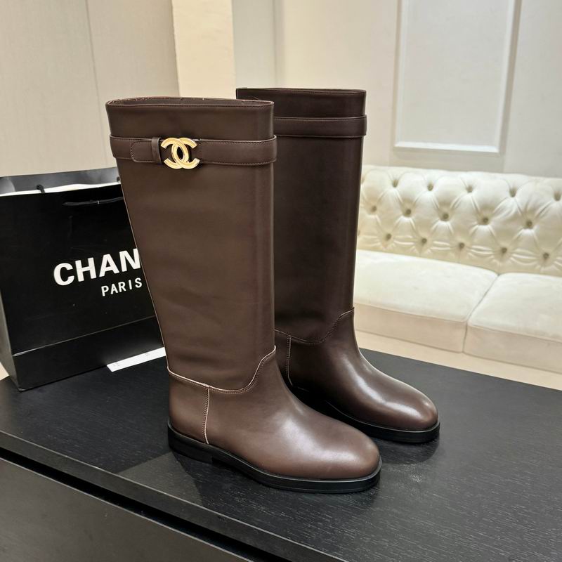Chnael Brown Tall Boots with Gold-Tone Logo Detail