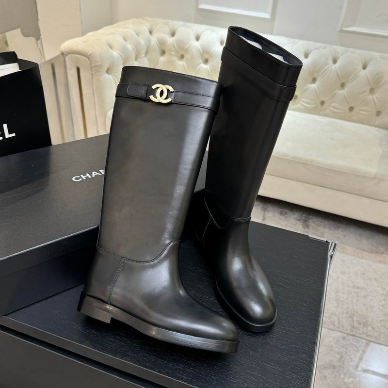 Chanel Black Leather CC Logo Knee-High Riding Boots