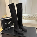 Chanel Black Suede Over-the-Knee Block Heel Boots
