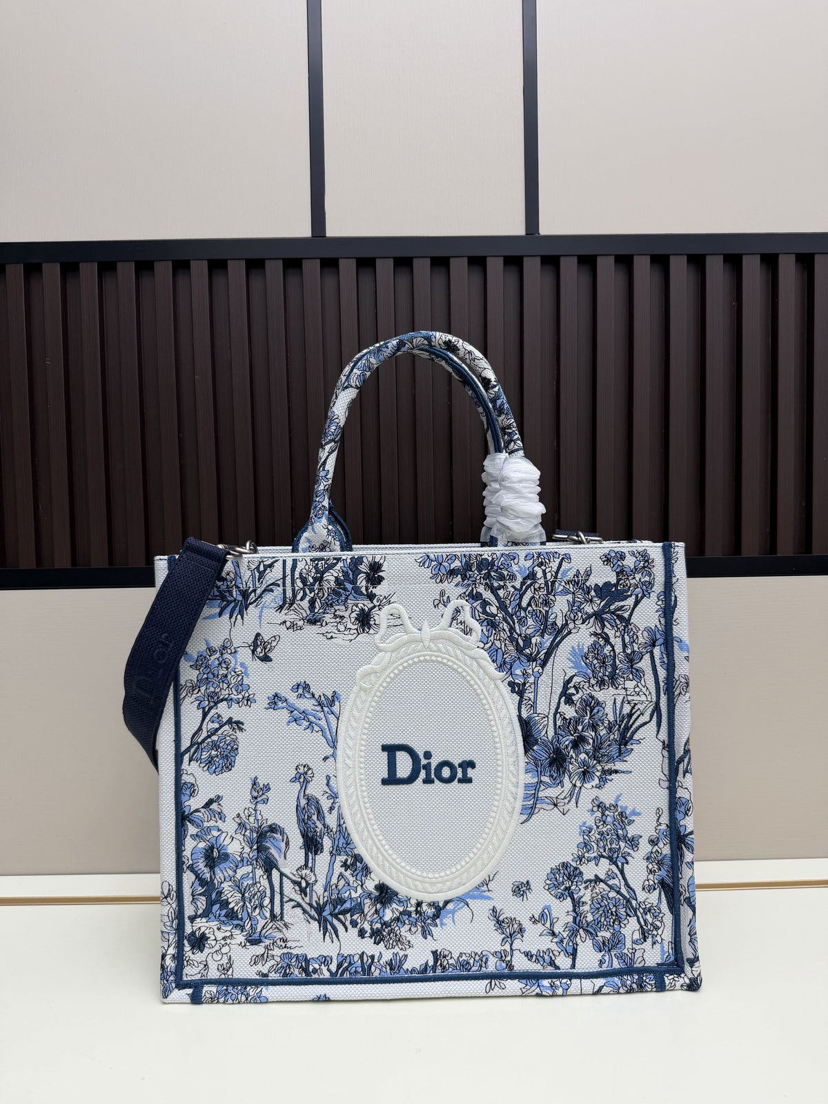 Dior Blue Floral Print Structured Tote Bag