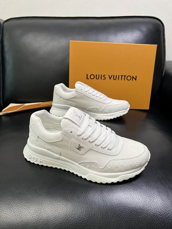Louis Vuitton Run Away Sneaker in white, shown in pairs with original orange LV box