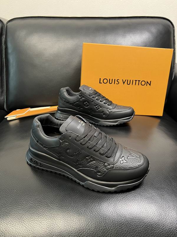 Louis Vuitton LV Run Away Sneaker in all-black Monogram embossed leather, shown as a pair with signature orange LV box