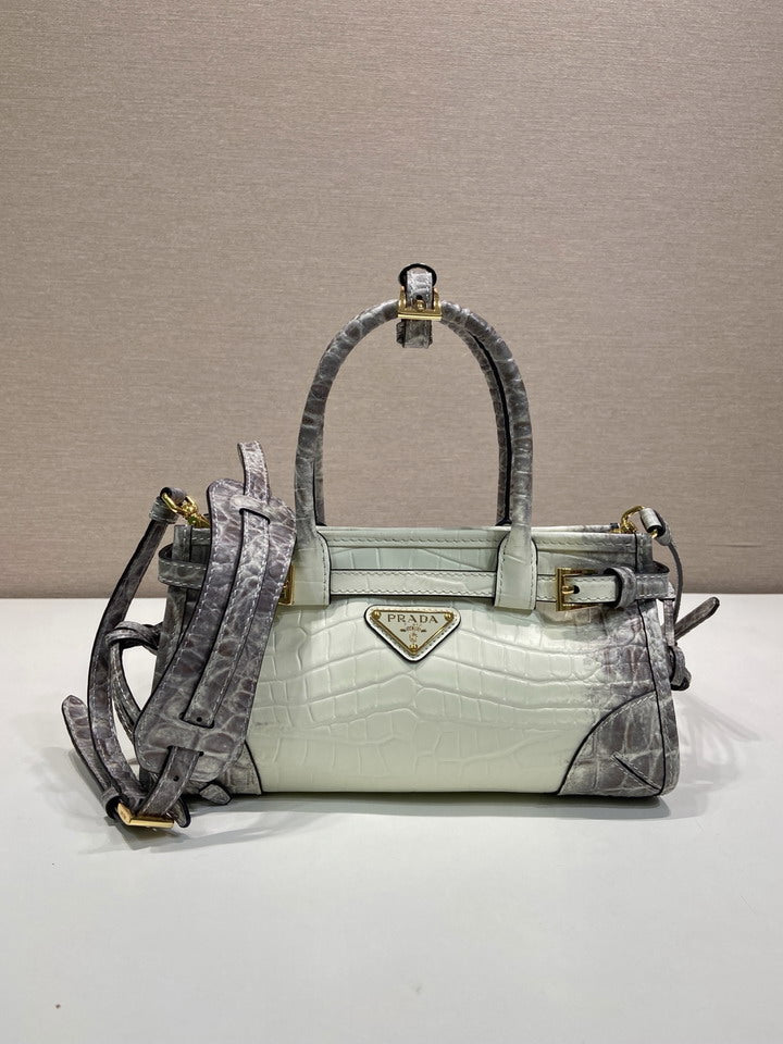 Prada Crocodile-Embossed Leather Mini Top-Handle Bag – Glacier Grey