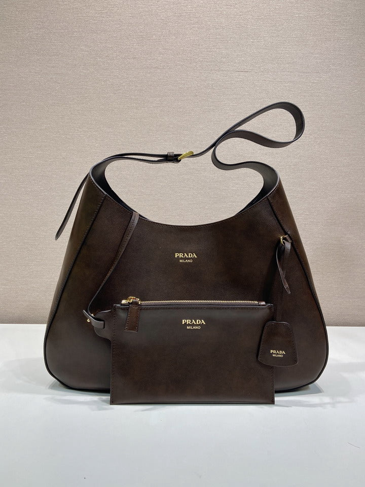 Prada Cleo Leather Shoulder Bag with Pouch — Dark Brown