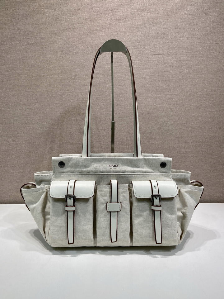 Prada White Structured Tote Bag with Buckle Details