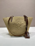 Prada Milano Raffia Tote Bag with Leather Straps