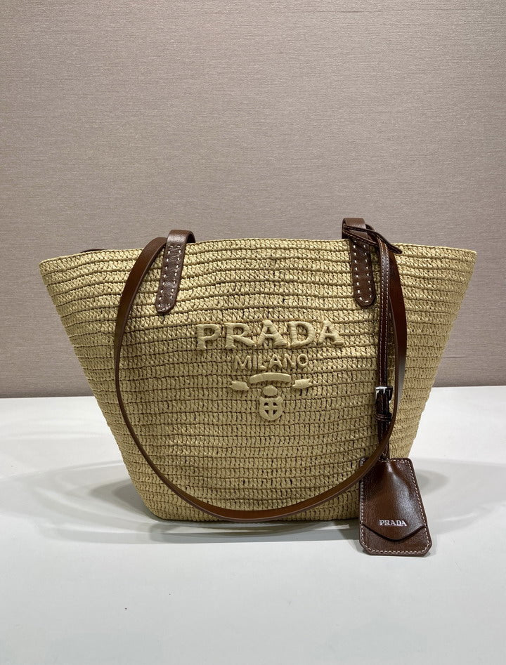 Prada Milano Raffia Tote Bag with Leather Straps