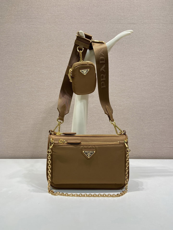 Prada Re-Edition Nylon Multi-Pocket Shoulder Bag with Mini Pouch – Caramel