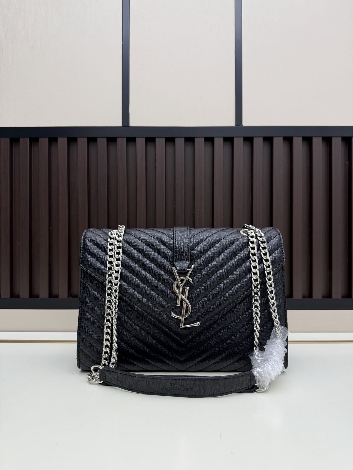 Saint Laurent Medium Envelope Bag — Black Grained Leather / Silver Hardware