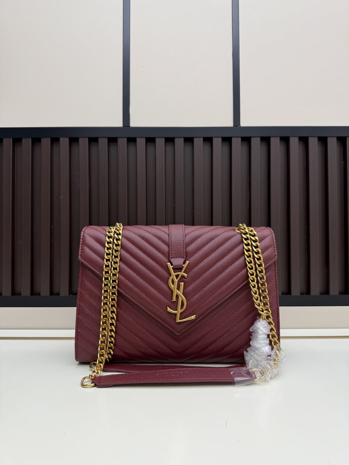 YSL Envelope Medium Chain Bag – Burgundy Matelassé Leather