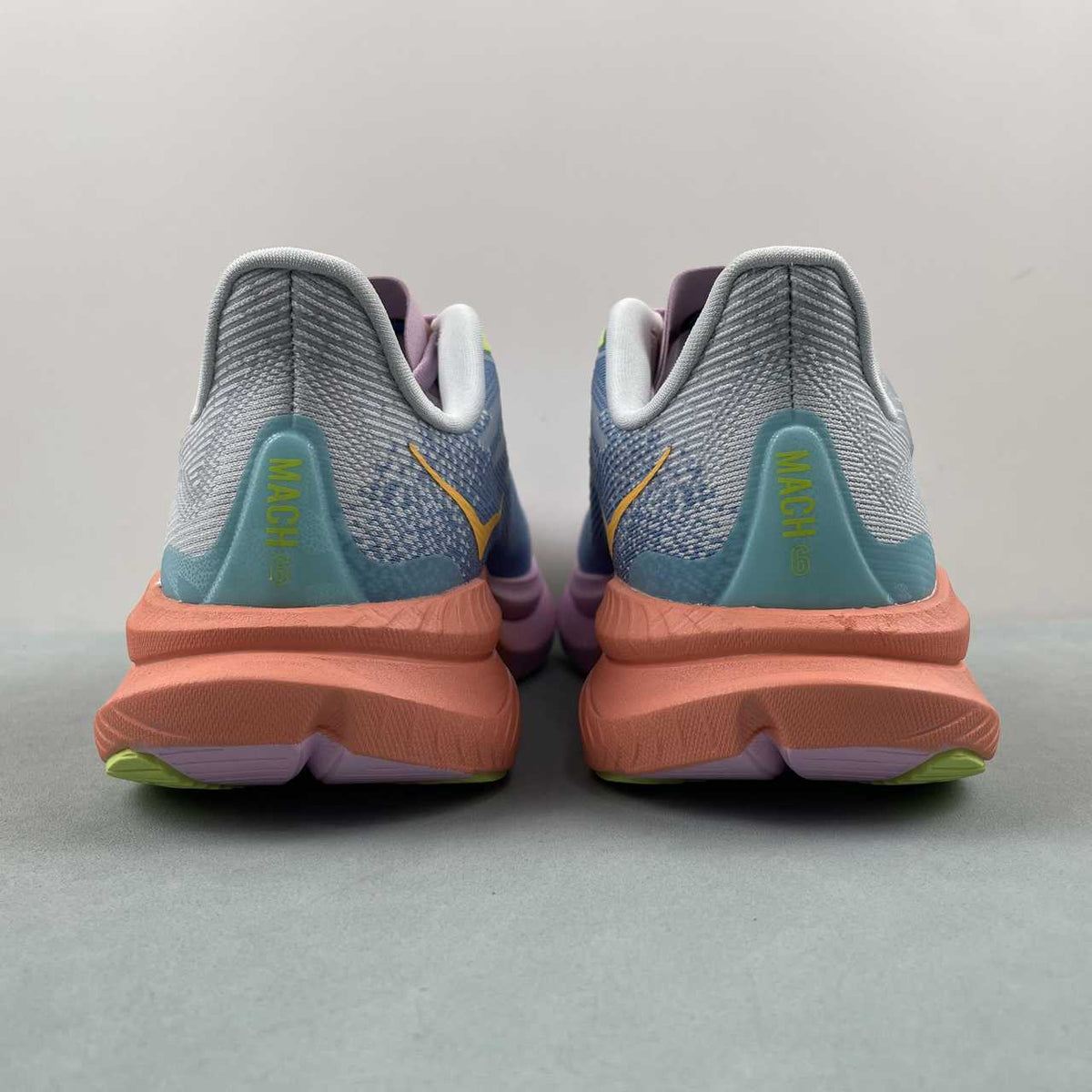 HOKA Grey & Blue Sneakers with Pink and Coral Accents