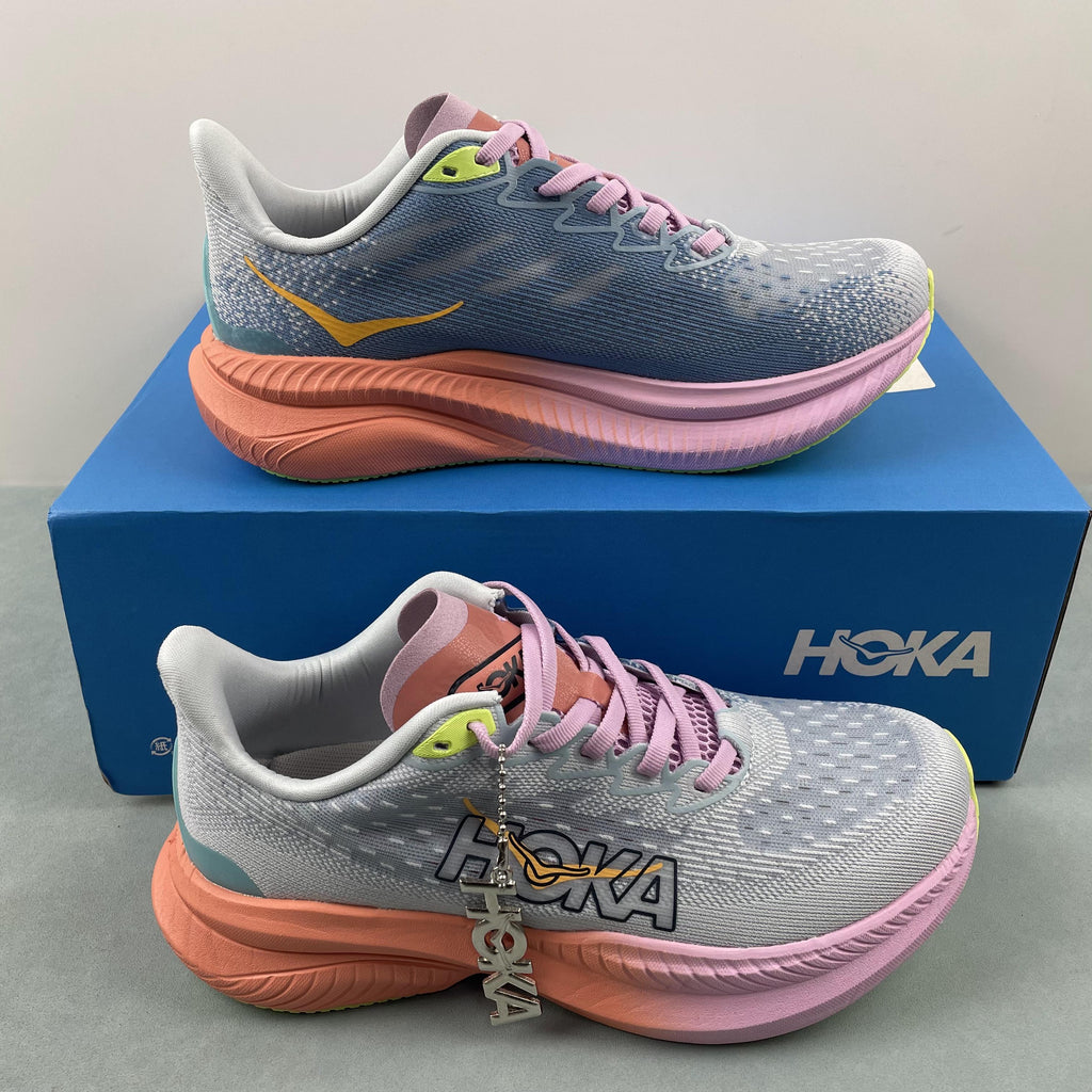 HOKA Grey & Blue Sneakers with Pink and Coral Accents