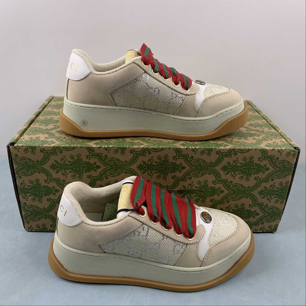 Gucci Cream Monogram Low-Top Sneakers with Red & Green Laces