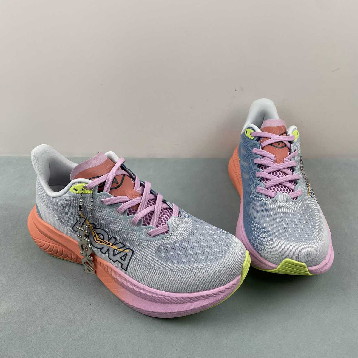 HOKA Grey & Blue Sneakers with Pink and Coral Accents