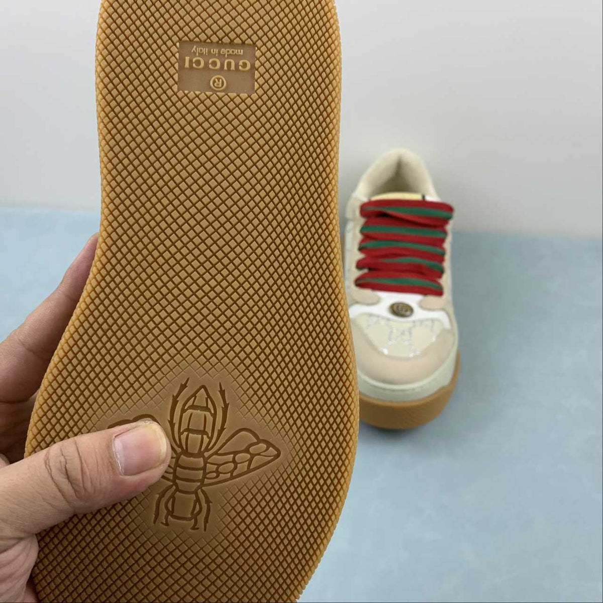 Gucci Cream Monogram Low-Top Sneakers with Red & Green Laces